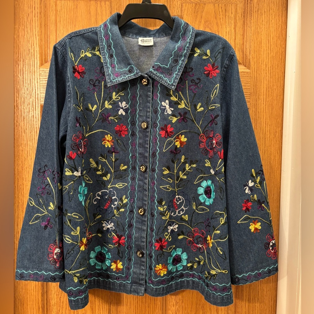 Embroidered Denim Jacket with Floral Design - Picture 1 of 12